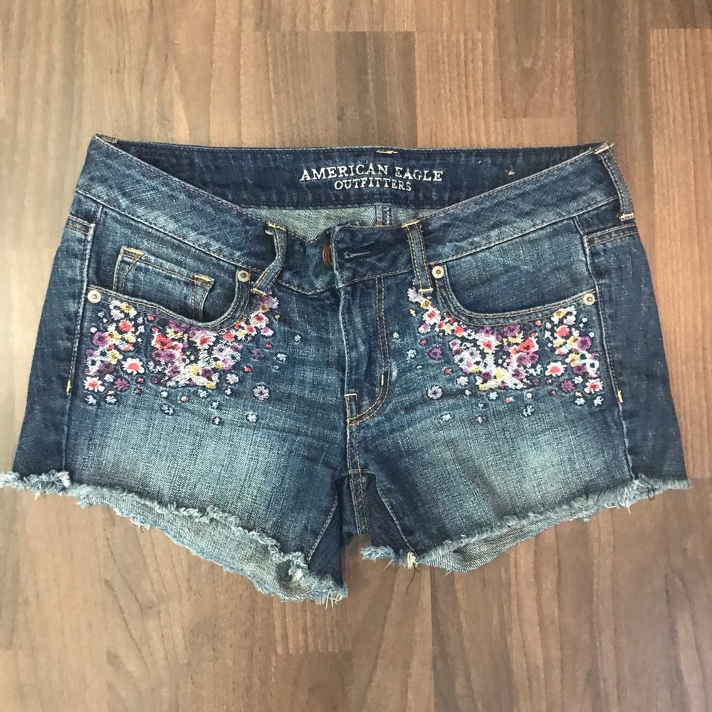 American Eagle Embroidered Floral Denim Shorts